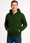 Erkek Üç İplik Kapüşonlu Tam Fermuarlı Kanguru Cepli Sweatshirt Hoodie - Haki