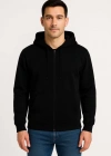 Erkek Üç İplik Kapüşonlu Tam Fermuarlı Kanguru Çepli SweatShirt Hoodie - Siyah
