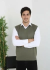 Erkek V Yaka Kolsuz Süveter Triko Kazak yumuşak dokulu Pamuklu ince Dokuma Rahat Regular kalıp - Haki