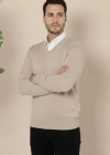 Erkek V Yaka Triko Kazak yumuşak dokulu Pamuklu ince Dokuma, uzun kollu Rahat Regular kalıp - Bej