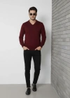 Erkek V Yaka Triko Kazak yumuşak dokulu Pamuklu ince Dokuma, uzun kollu Rahat Regular kalıp - Bordo
