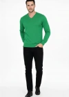 Erkek V Yaka Triko Kazak yumuşak dokulu Pamuklu ince Dokuma, uzun kollu Rahat Regular kalıp - Çimen Yeşili