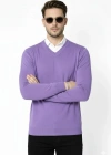 Erkek V Yaka Triko Kazak yumuşak dokulu Pamuklu ince Dokuma, uzun kollu Rahat Regular kalıp - Mor