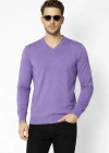 Erkek V Yaka Triko Kazak yumuşak dokulu Pamuklu ince Dokuma, uzun kollu Rahat Regular kalıp - Mor