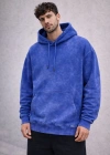 Erkek Yağ Yıkamalı Kapşonlu Double Oversize Üç İplik Pamuklu Sweatshirt - Mavi