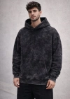 Erkek Yağ Yıkamalı Kapşonlu Double Oversize Üç İplik Pamuklu Sweatshirt - Siyah