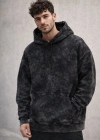 Erkek Yağ Yıkamalı Kapşonlu Double Oversize Üç İplik Pamuklu Sweatshirt - Siyah