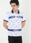 Erkek Yakalı Slim Fit Baskılı T-Shirt - Beyaz