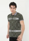 Erkek Yakalı Slim Fit Baskılı T-Shirt - Haki