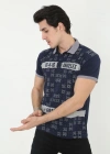 Erkek Yakalı Slim Fit Baskılı T-Shirt - Lacivert