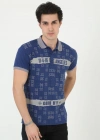 Erkek Yakalı Slim Fit Baskılı T-Shirt - Mavi
