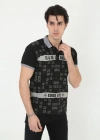 Erkek Yakalı Slim Fit Baskılı T-Shirt - Siyah