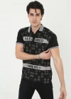 Erkek Yakalı Slim Fit Baskılı T-Shirt - Siyah