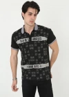 Erkek Yakalı Slim Fit Baskılı T-Shirt - Siyah