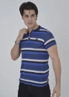 Erkek Yakalı Slim Fit Dokuma Çizgili T-Shirt - Mavi