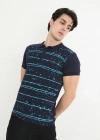 Erkek Yakalı Slim Fit Pike Çizgili T-Shirt - Lacivert