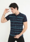 Erkek Yakalı Slim Fit Pike Çizgili T-Shirt - Lacivert