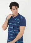 Erkek Yakalı Slim Fit Pike Çizgili T-Shirt - Mavi