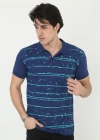 Erkek Yakalı Slim Fit Pike Çizgili T-Shirt - Mavi
