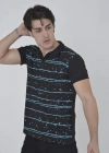 Erkek Yakalı Slim Fit Pike Çizgili T-Shirt - Siyah
