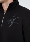 Erkek Yarım Fermuarlı Baskılı Sweat - Siyah
