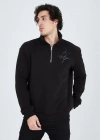 Erkek Yarım Fermuarlı Baskılı Sweat - Siyah