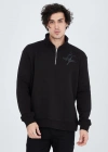 Erkek Yarım Fermuarlı Baskılı Sweat - Siyah
