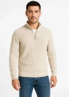 Erkek Yarım Fermuarlı Triko Kazak – Selanik Örgü, Dik Yaka, Pamuklu Dokuma, Regular Fit Uzun Kollu Kışlık Model - Bej