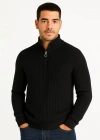 Erkek Yarım Fermuarlı Triko Kazak – Selanik Örgü, Dik Yaka, Pamuklu Dokuma, Regular Fit Uzun Kollu Kışlık Model - Siyah