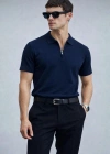 Erkek Yarın Fermuarlı Slim Fit Kısa Kollu Triko Tişört Lacivert
