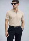 Erkek Yarın Fermuarlı Slim Fit Kısa Kollu Triko Tişört Bej