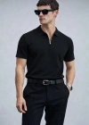 Erkek Yarın Fermuarlı Slim Fit Kısa Kollu Triko Tişört Siyah