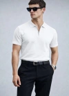 Erkek Yarın Fermuarlı Slim Fit Kısa Kollu Triko Tişört Beyaz