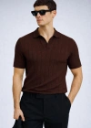 erkek yazlık kısa kollu slim fit polyemid kumaş kalitesi triko tişört Kahverengi