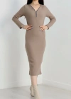 Fermuar detaylı fitilli şardonlu elbise bej a3178