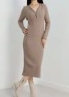 Fermuar detaylı fitilli şardonlu elbise bej a3178