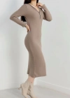 Fermuar detaylı fitilli şardonlu elbise bej a3178