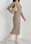 Fermuar detaylı fitilli şardonlu elbise bej a3178