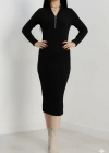 Fermuar detaylı fitilli şardonlu elbise siyah a3178