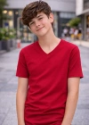 Genç Erkek Çocuk V Yaka Tişört Yazlık Model Günlük Basic Body - Bordo