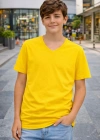 Genç Erkek Çocuk V Yaka Tişört Yazlık Model Günlük Basic Body - Sarı