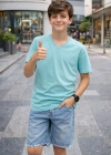 Genç Erkek Çocuk V Yaka Tişört Yazlık Model Günlük Basic Body - Turkuvaz