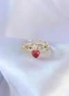 Gold Renk Kırmızı Zirkon Taş Kalp Model Pirinç Kadın Yüzük