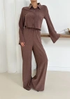 Gömlek yaka kaplama düğmeli takım kahve st265866