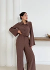 Gömlek yaka kaplama düğmeli takım kahve st265866