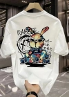 Güneş Gözlüğü Grafikli Karikatür Tavşan Oversize Kısa Kollu Tişört Çift Tişört, İlkbahar Ve Yaz - Beyaz