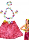 Hawaii Dans Kostümü – Kırmızı Hula Etek & Çiçek Kolye Seti