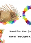 Hawaii Tarzı Tropikal Çiçekli Hasır Şapka ve Çiçekli Hawaii Kolye
