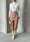 İki düğmeli kaz ayağı desen ch kumaş şort etek bordobeyaz h26414