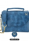 İsme Özel Çıtçıtlı Zincirli Küçük Boy El Omuz Çantası - %100 Deri - AC03001 - Saks Mavisi
